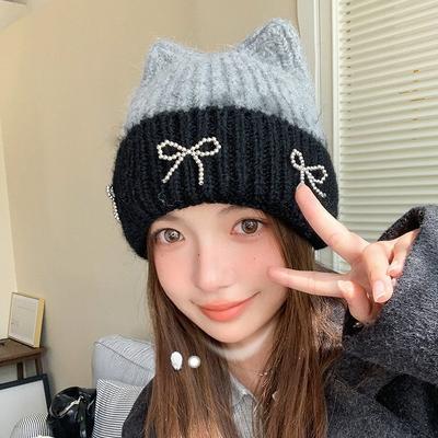Autumn and Winter New Cute Cat Ears Bow Woolen Hat Versatile Women's Large Head Circumference Ear Protection Knitted Cold Hat