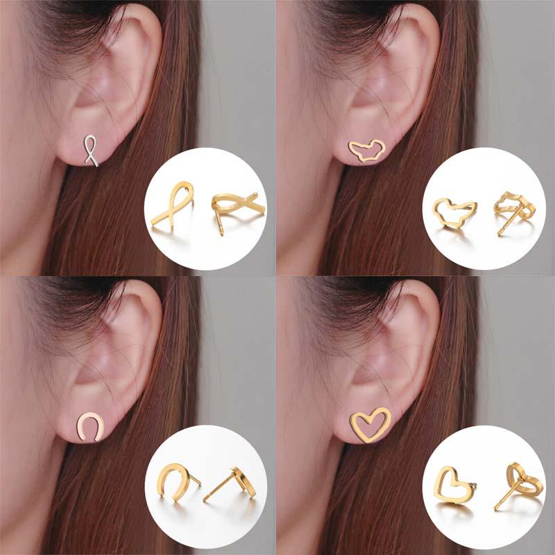Stainless Steel Geometric Animal Earrings Set: Water Drop, Horseshoe, Heart, Cross, Fish, Snake Designs