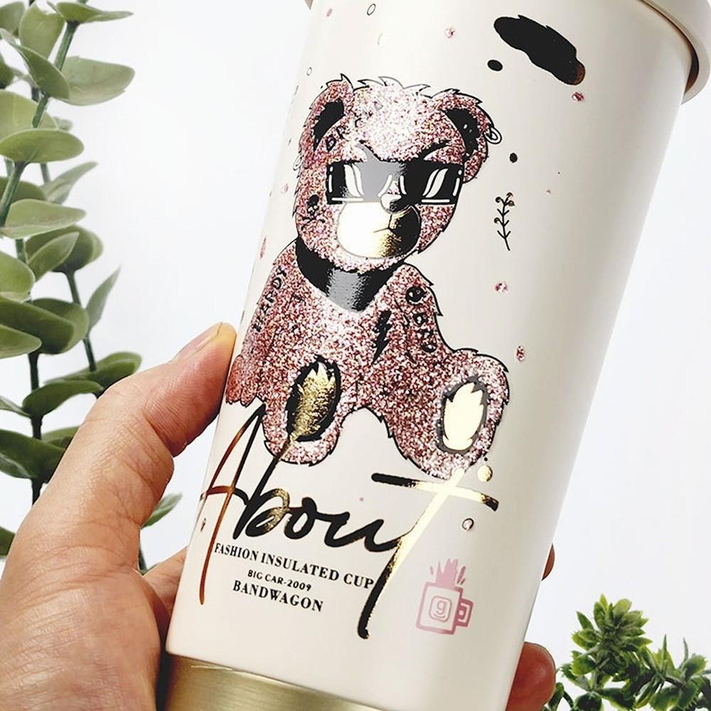 Portable 520ML Straw Cup Cartoon Bear Printed Stainless Steel Insulated Cup Large Capacity with Straw Water Cup