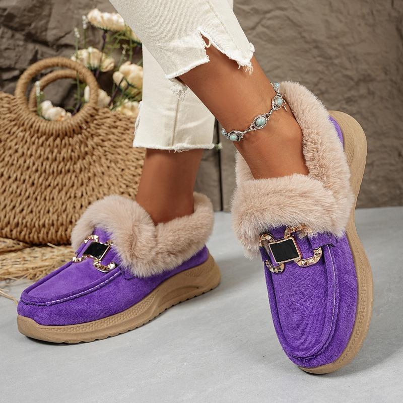 Winter New Metal Buckle Fleece Cotton Shoes Women's 2025 Plus-size Thick-soled Warm Fur Sneakers