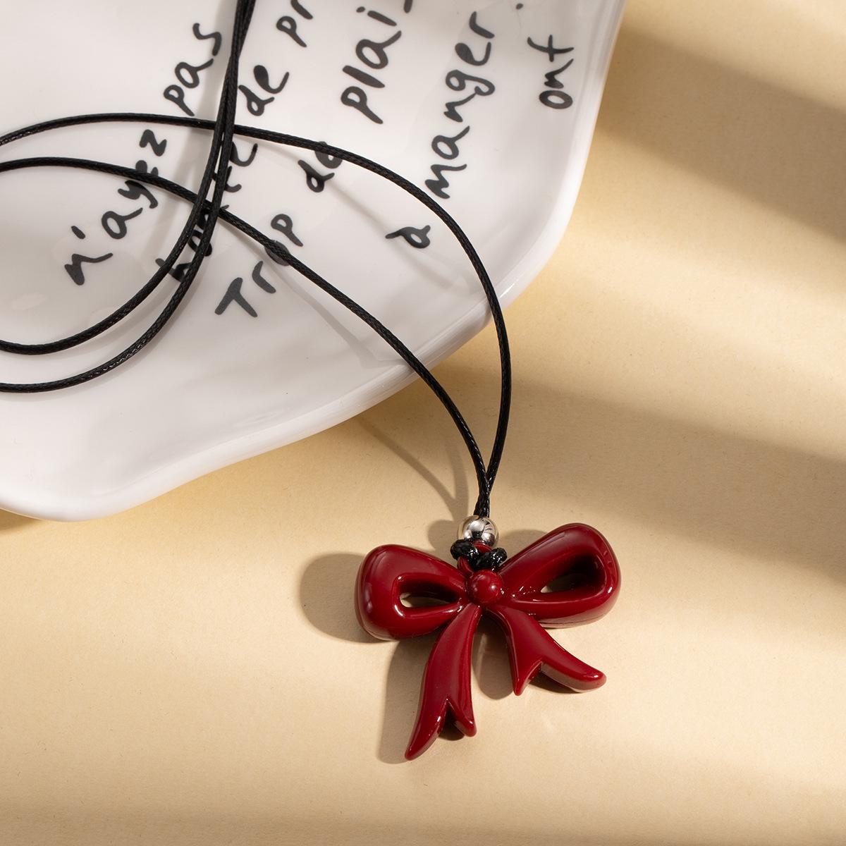 Wine Red Ribbon Heart Bow Pendant Necklace for Women - Luxury Long Sweater Chain