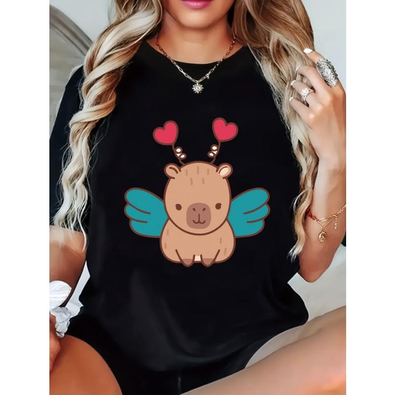 

Women s Capybara Print T-Shirt - Casual Short Sleeve Round Neck Blouse with Capybara, Semi-Sheer for Layering, Machine Washable Casual Attire Top S чёрный