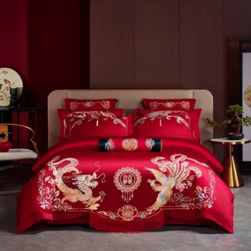 New Chinese style big red embroidery wedding quilt cover polished wedding room bedding wedding four-piece multi-piece set