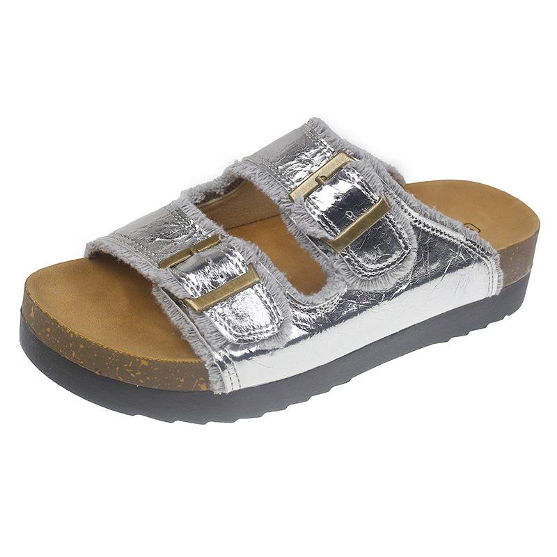 Cowhide Version Thick-soled One-word Boken Slippers for Women To Wear 2025 Summer New Models, Seaside Beach Lazy Cool Slippers