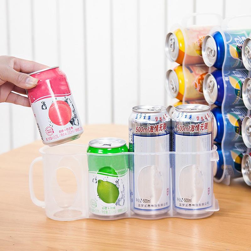 Transparent Refrigerator Can Organizer 4 Grids Beverage Storage Box with Handle Beer Soda Can Rack Stackable Fridge Storage