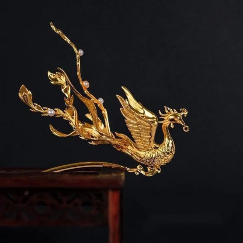 Original Design Three-dimensional Ancient Gold Craft Luxury Phoenix Tiara Ethnic Style Hair Jewelry Cheongsam Tassel Accessor