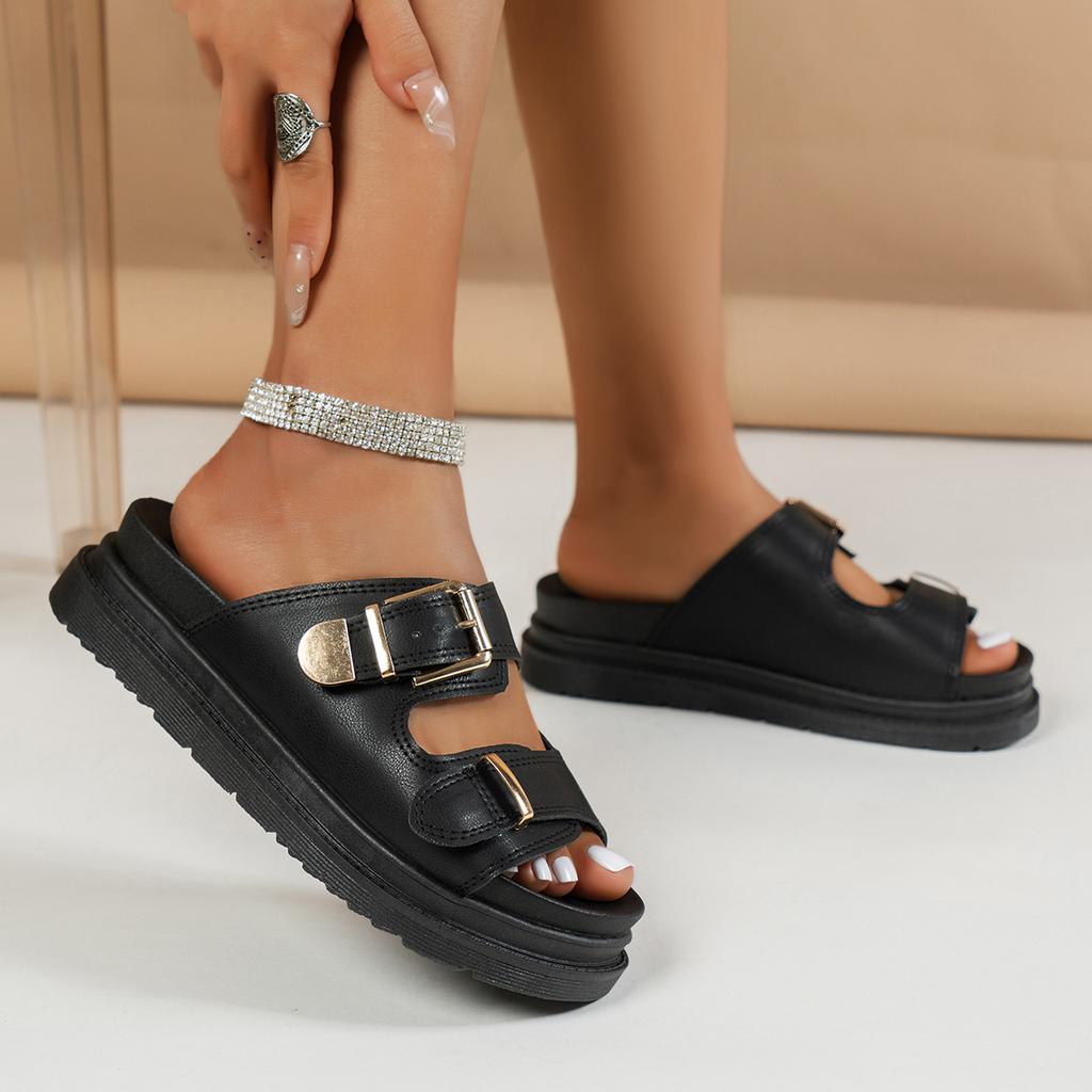 Large size flat-bottomed buckle cool slippers for women's 2025 new fashion outer wear one-character sandals for women
