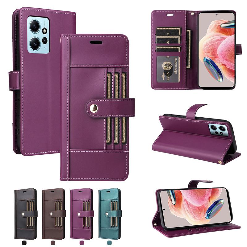 Klapphülle aus Leder für Xiaomi Redmi Note 12 11S 12S 11 10S 10 9 Pro Max Plus 5G Flip Cover Cases Außen 6 Kartenfächer