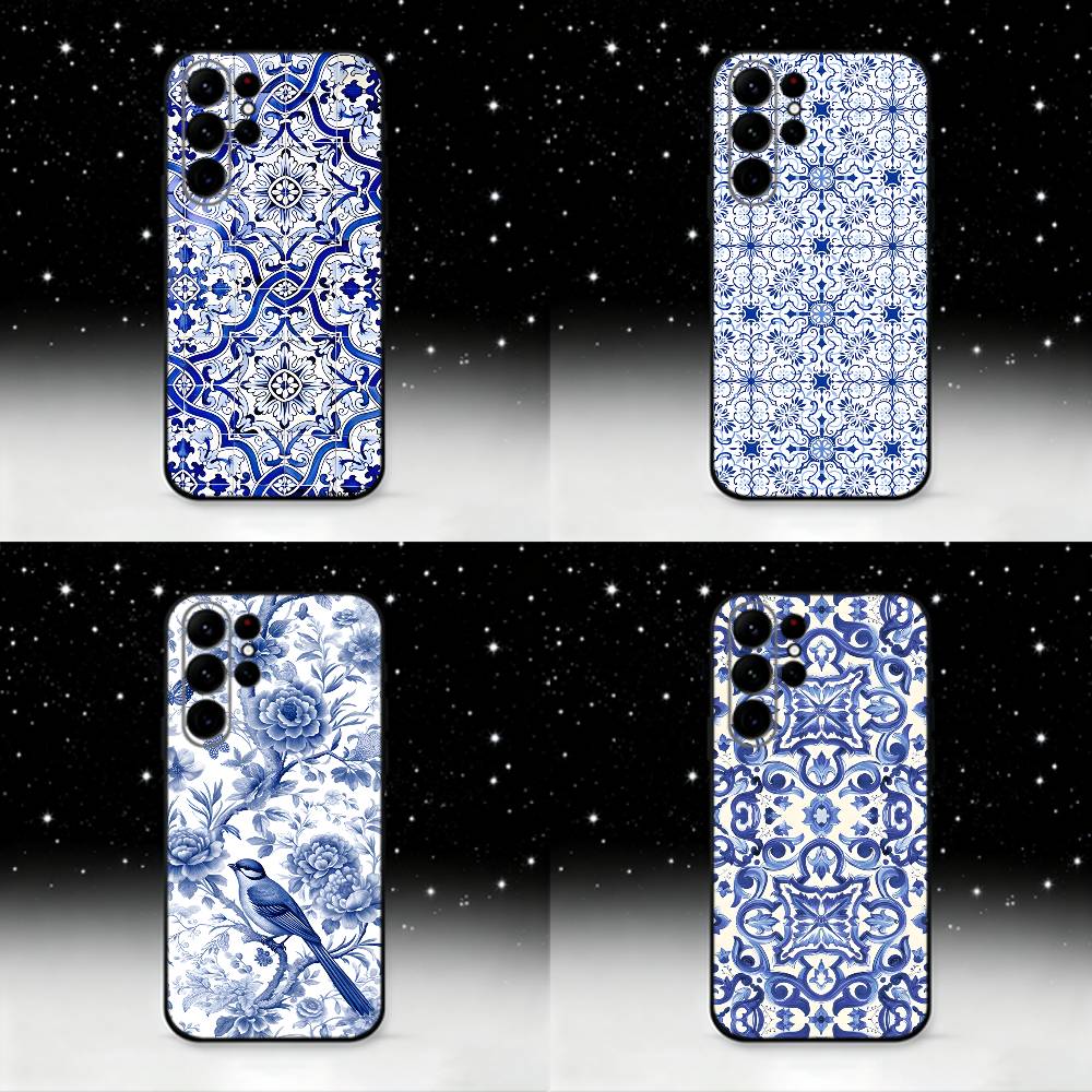 blue and white porcelain Phone Case For Samsung S25,S24 Ultra,S20,S30 plus,S22 plus,S23,S30 Ultra 5G Silicone Black Shell