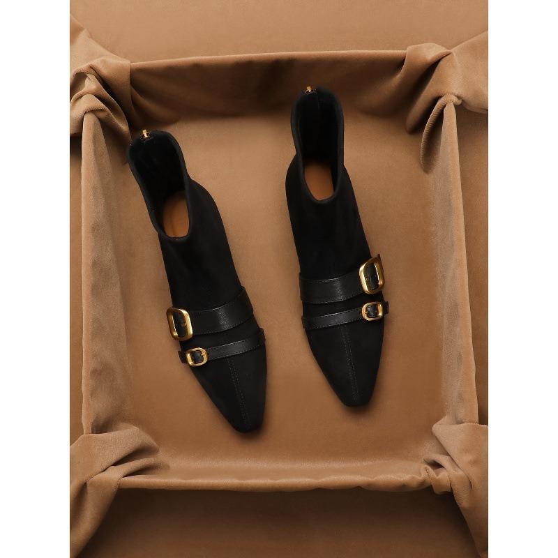 Sheepskin Version Retro Belt Buckle Thin Short Boots Women's Rear Zipper Elastic Boots Wedge Heel Thin Boots Square Martin Boots