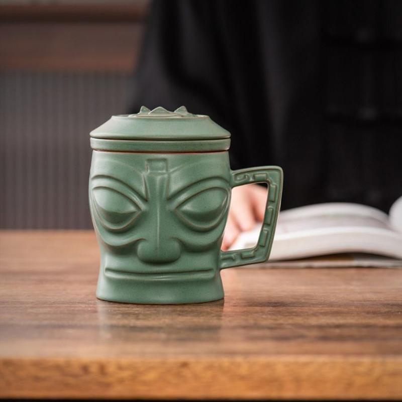 320ml Chinese Ceramic Filter Teacup Creative Bronze Mask Sanxingdui Mug Custom Tea Set Gift Home Office Beauty Tea Infuser 12.5x12.5cm   320ml