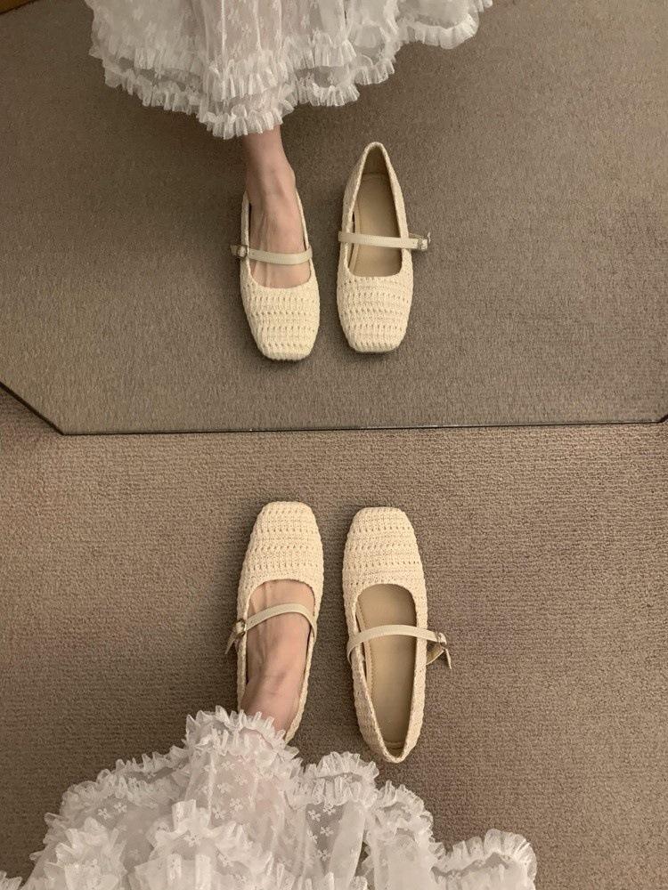 French retro woven hollow single shoes women's shoes 2025 new spring and autumn temperament beautiful word with Mary Jane shoes
