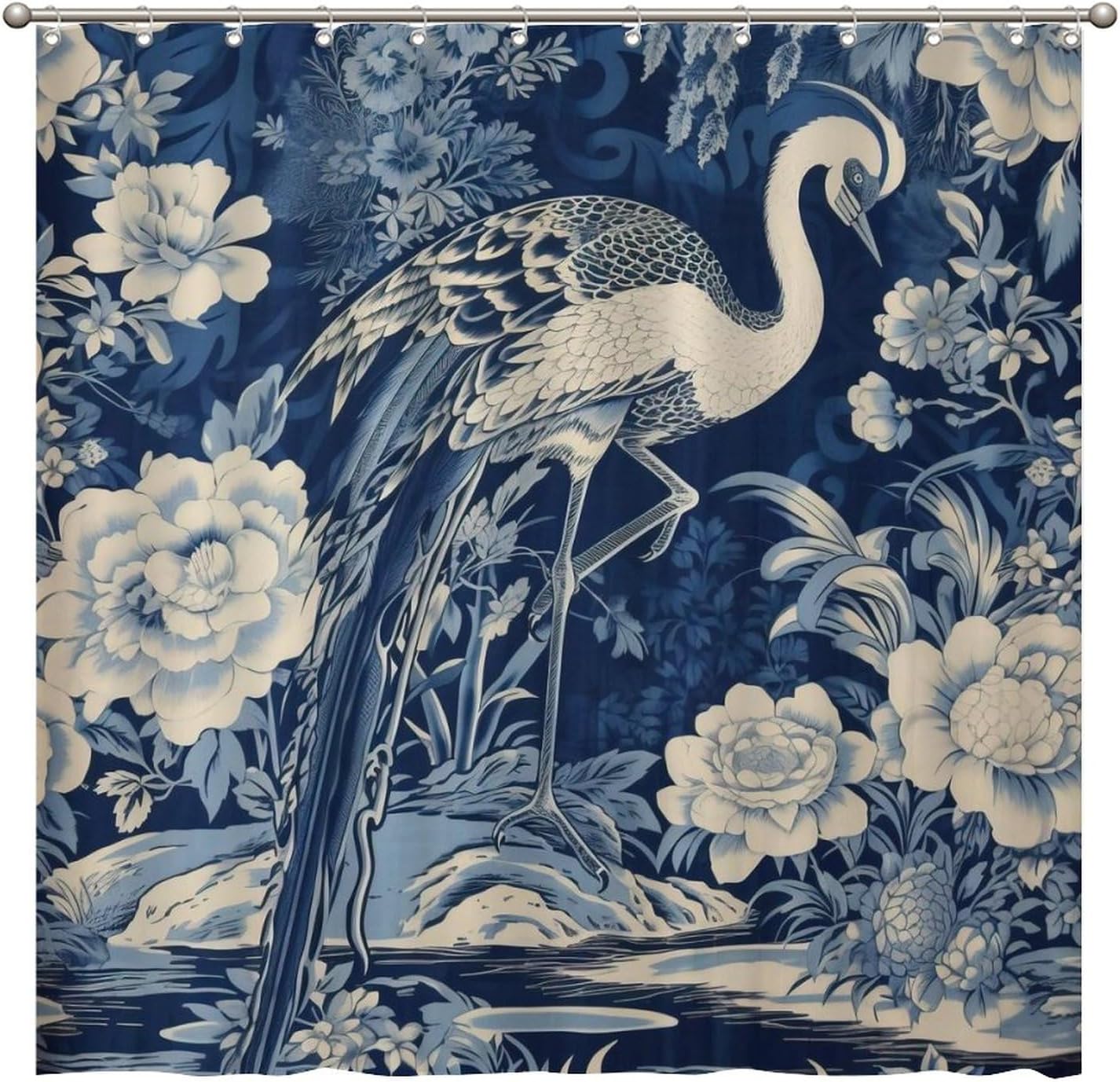 

Aqua Teal Blue Asian Scenic Shower Drape Oriental Ancient Pagoda China Garden Bath Drape Chinoiserie Style Bathroom Drape W90xH180cm