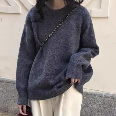 Round Neck Pullover Sweater for Women Loose Casual Long Sleeved Solid Color Simple Knit Sweater for Women
