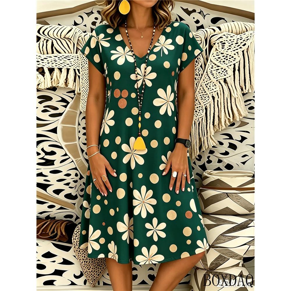 Short Sleeved V-Neck Summer Women's Dress New Casual Flower Polka Dot Print Loose Dresses