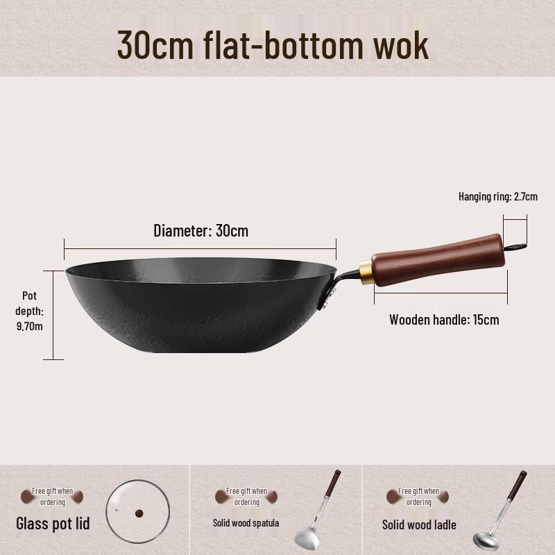 

ZISIZ Wrought Iron Flat-Bottom Wok with Lid & Utensils, 30cm