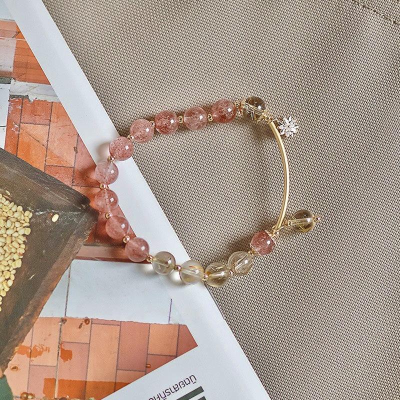Natural Blond Crystal Bracelet, Strawberry Crystal Bracelet, Peach Blossom Design Fashion Jewelry.