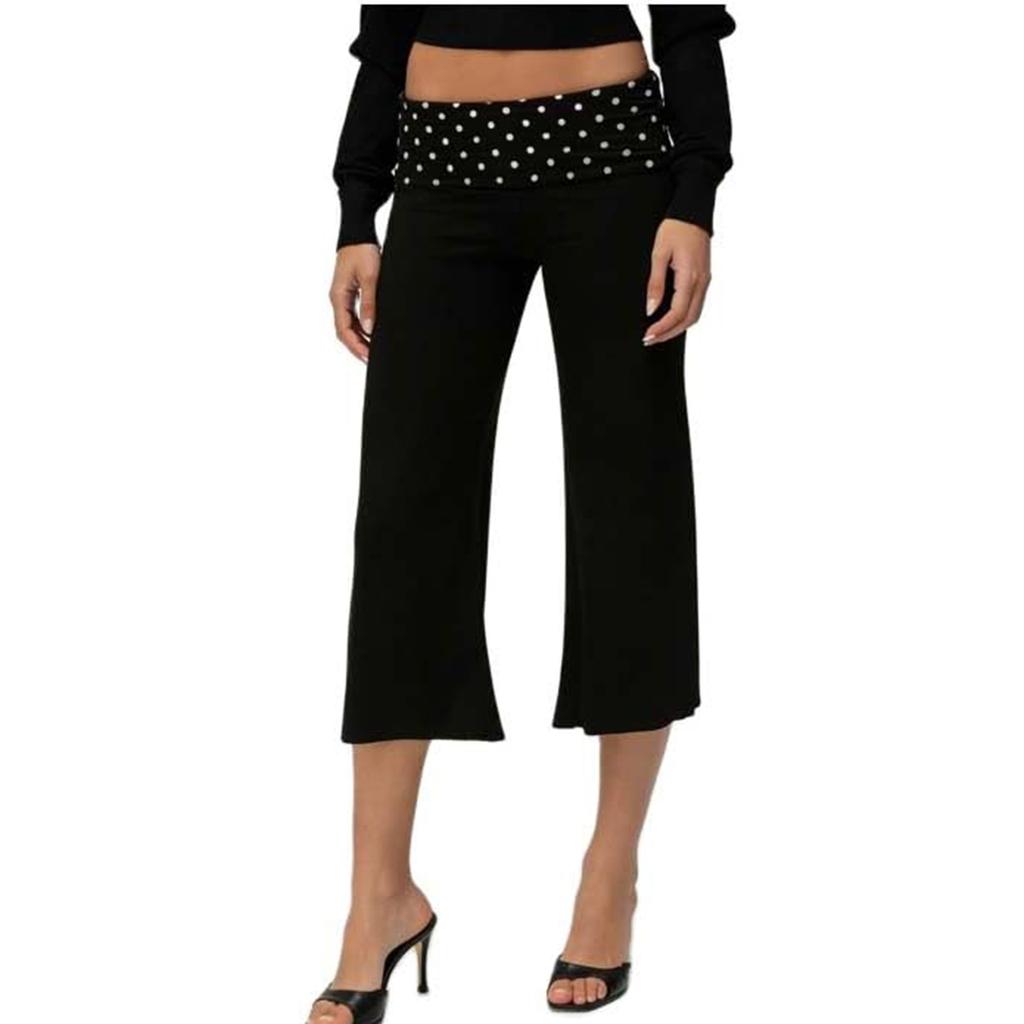Women's Wide Leg Cropped Pants with Fold Over Polka Dot Waistband Soft Stretchy Knit Fabric Casual Loose Fit Trousers