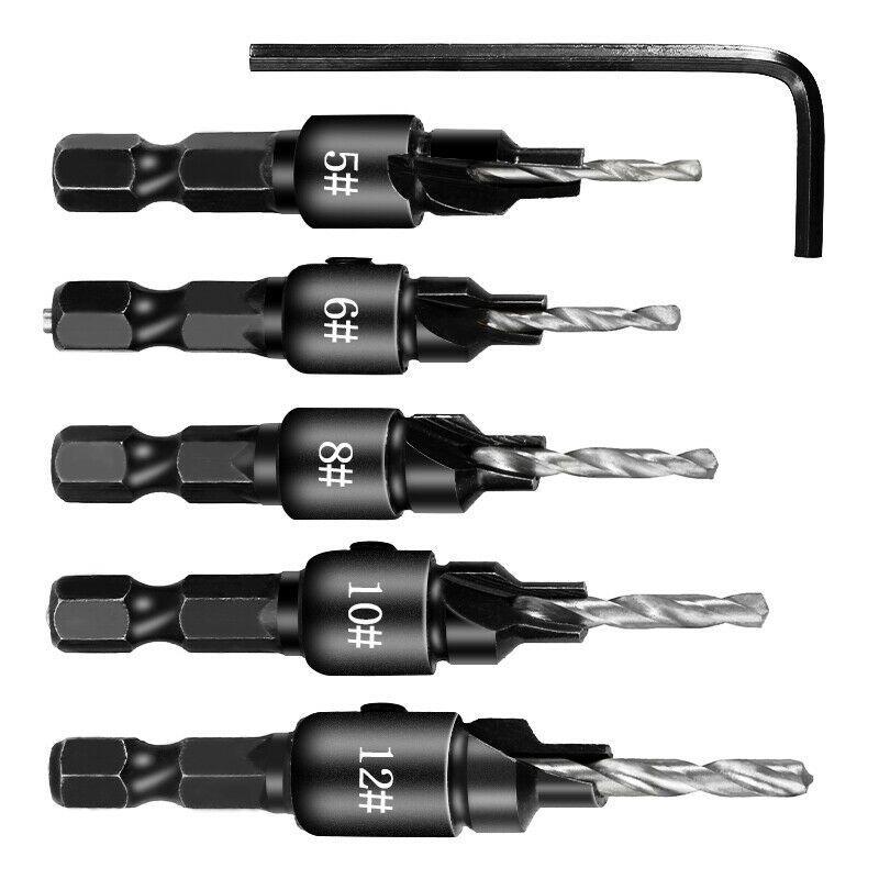 High-performance 5x Adjustable Woodworking Countersink Drill Bit Set For Multiple Screw Sizes