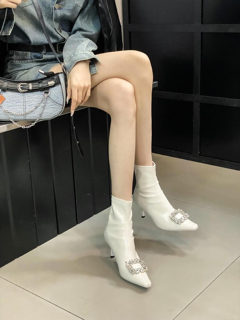 2025 autumn new rhinestone pointed thin heel high heel temperament French fashion sexy beautiful women short boots