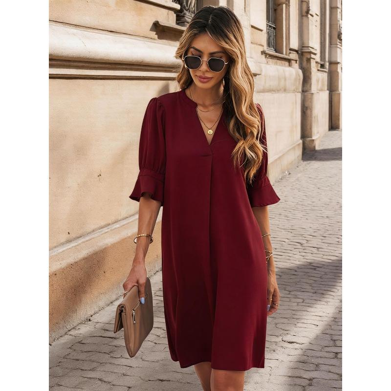 

Ladies elegant V-neck ruffle edge short-sleeved dress, spring and summer women s clothing, women s clothing dress XXL бордовий
