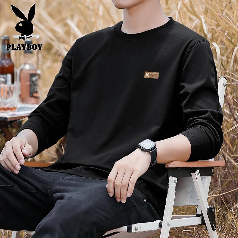 

Playboy Men s Classic Patchwork Pure Cotton Long Sleeve Crew Neck T-Shirt 3XL