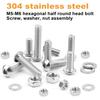 M5/M6 Button-Head Hex Head Screws 144Pcs Hex Head Drive Screws Nut Washer Assembly Kit Stainless Steel 304, Smooth, Full Thread
