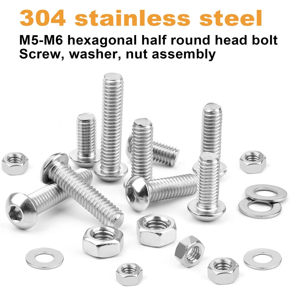 M5/M6 Button-Head Hex Head Screws 144Pcs Hex Head Drive Screws Nut Washer Assembly Kit Stainless Steel 304, Smooth, Full Thread