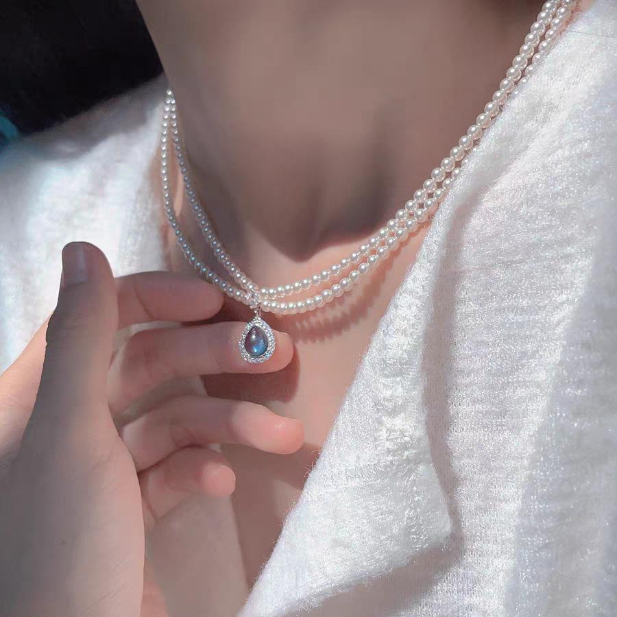 

Shi Jia Lux Double-Layer Aquamarine Pearl Choker - French Design Necklace