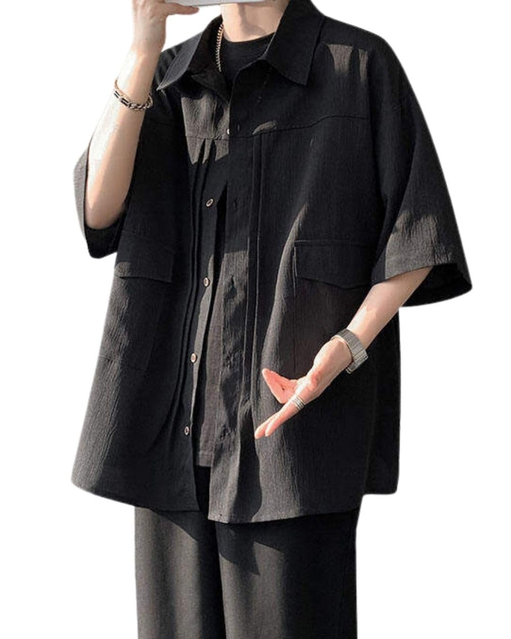 

Летняя одежда для короткого платья свободного большого льда для кармана [foveitaa] мужчины, рубашка, рукав, рубашка, прохладный, дышащий, y-рубашка, посадка, размер, повседневный, стильный, чёрный