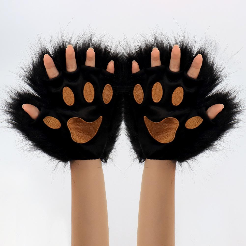 Furry Half Finger Animal Paw Gloves, Plush Cat Wolf Paw Gloves, Fursuit Cosplay Costume Gloves for Halloween Party Dress Up