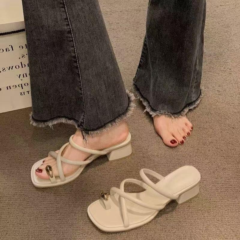 Fashion versatile thick heel non-slip retro cool slippers women's 2025 new toe slippers women's summer wear high sense