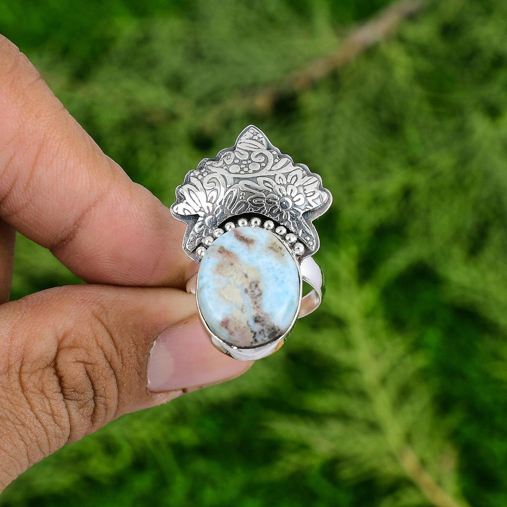 Thanks Giving Day Sale 925 Sterling Silver Natural Larimar Solitaire Bezel Ring