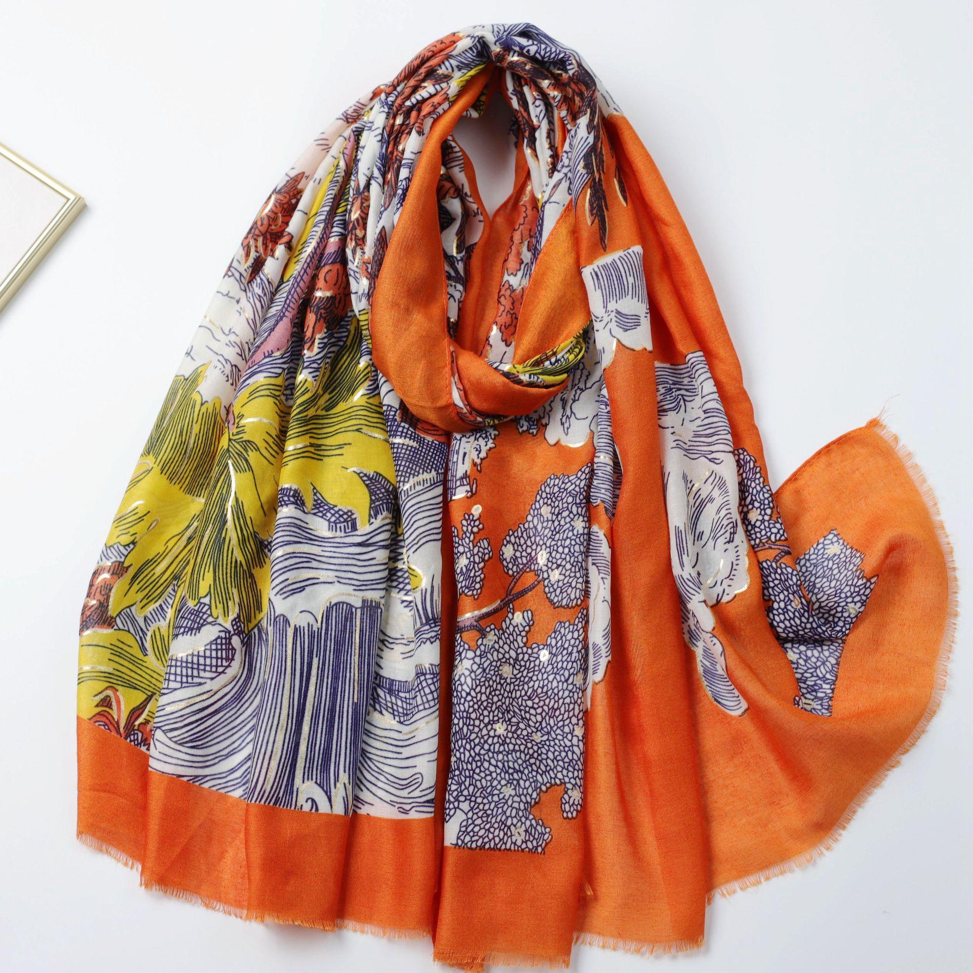 

Bronzing Rainforest Sketch Satin Cotton Printing Long Towel Factory Sales Travel Vacation Sunscreen Women s Shawl оранжевый