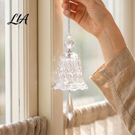Indoor Home Hanging Decor Faux Crystal Bell Suncatcher, Glass Prism Wind Chime Ornament, Clear Handmade Decoration Christmas Tree Rainbow Maker