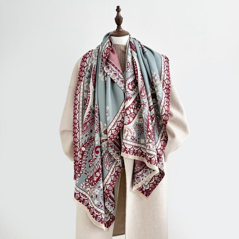 Thick Imitation Cashmere Scarf Women's Winter New Double-sided Contrasting Color Jacquard Cashew Flower Retro Shawl