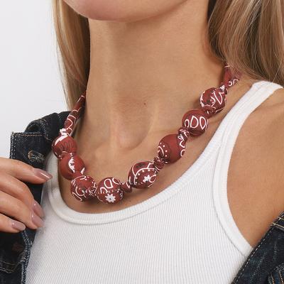 Personalized Hand-printed Fabric Bag Bead Necklace, Retro Creative Beaded Knotted Collarbone Chain for Women