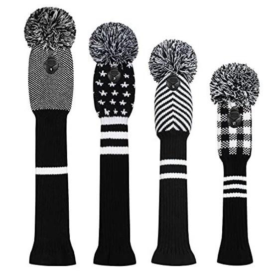 Scott Edward knit golf head cover 4-piece set handmade suitable drivers fairway woods includes long neck Pom-Pom club available variety colors.