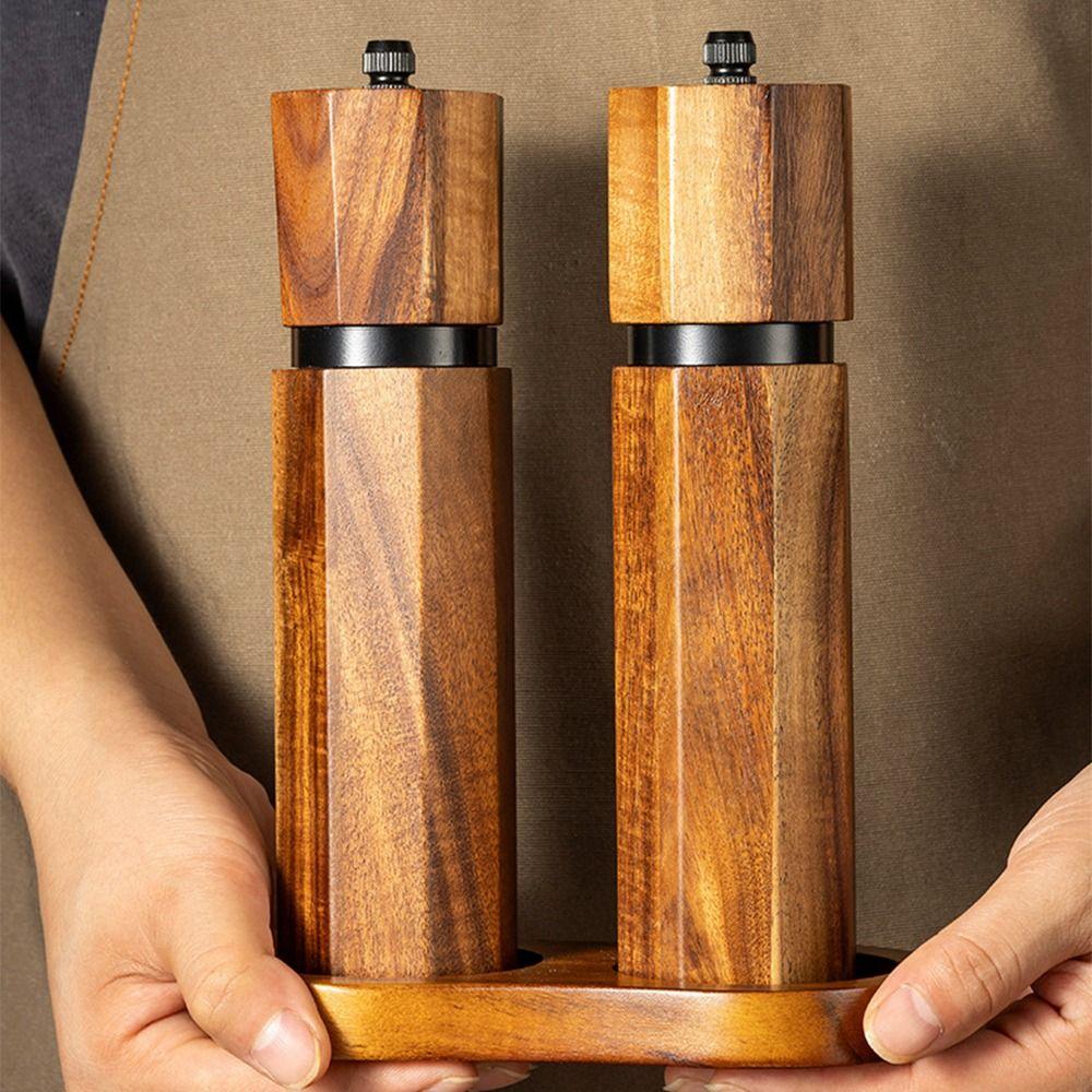 Acacia Wood Pepper Spice Mill Refillable Adjustable Coarseness Pepper Salt Grinding Bottle Portable Household