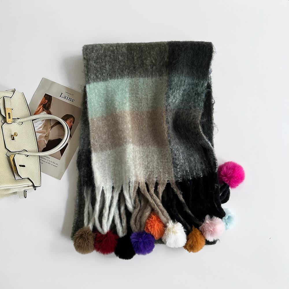 Fashion Trend Scarf Winter Scarf Rainbow Plaid Dopamine Stripe Handmade Hairball Shawl