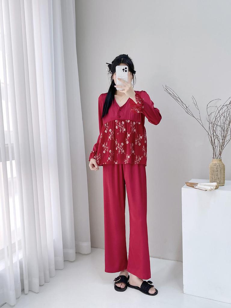 2025 Damen Spitzen Eisseiden Pyjama Dreiteiliges Set - Prinzessinnenstil Langarm & Hose für Zuhause oder Outdoor