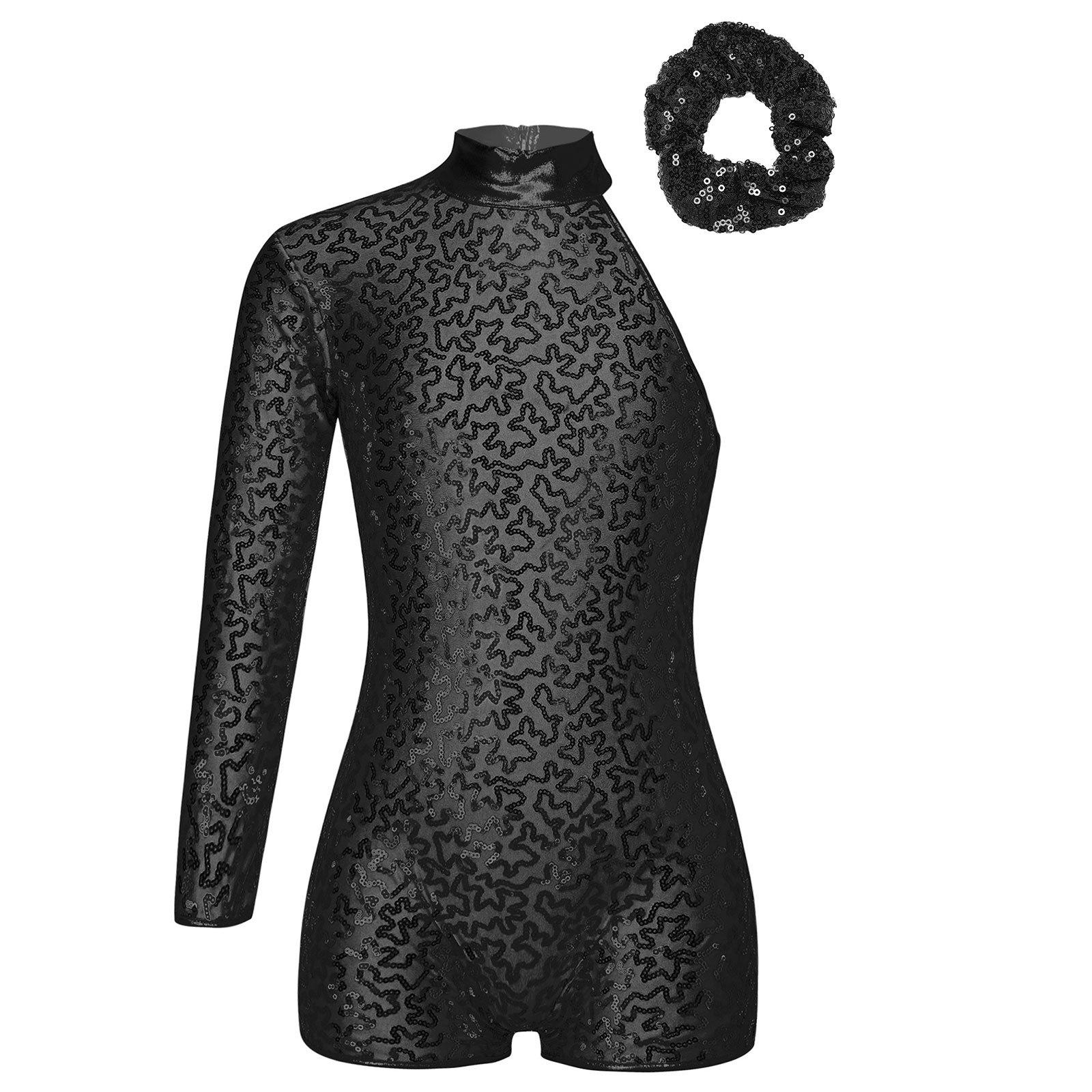 

Дівчачий блискучий леотар з паєтками, танцювальний одяг з одним довгим рукавом, невидимою блискавкою та аксесуаром для волосся 13-14 Years чорний