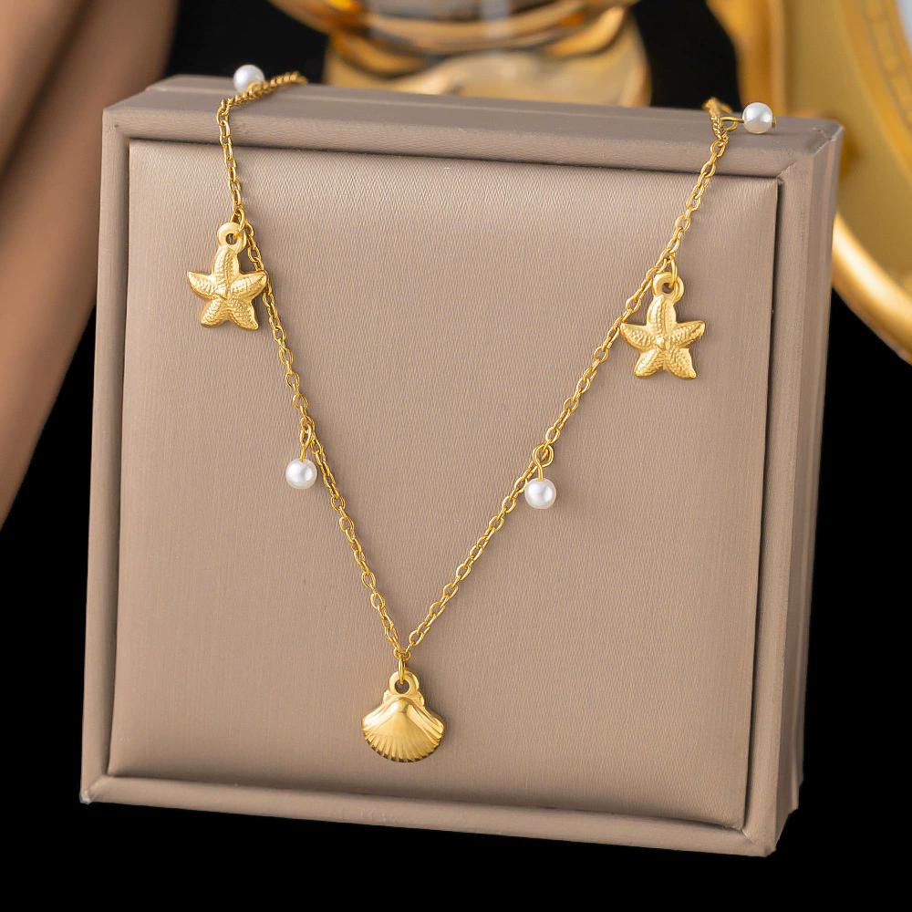 Summer Starfish Pendant Stainless Steel Stylish Necklace for Girl Cute Gold Color Waterproof Chic Zircon Party Gift