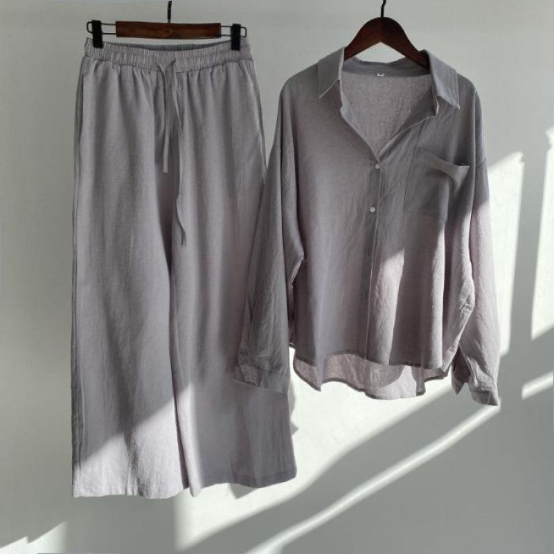 Spring Fashion Plus Size Women's Two-Piece Set: Cotton Linen Shirt & High-Waisted Loose Trousers