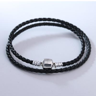 Color Black Double Leather Bracelet Fits Sterling Silver Original Charms Beads for Woman DIY Jewelry Making