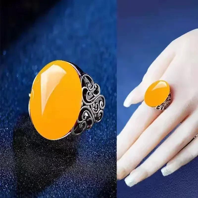 2025 New Red Agate Chalcedony Ancient Silver Color Open Ring Female Crown Rhinestone Ring Hollow Jewelry Gift Adjustable Anillos