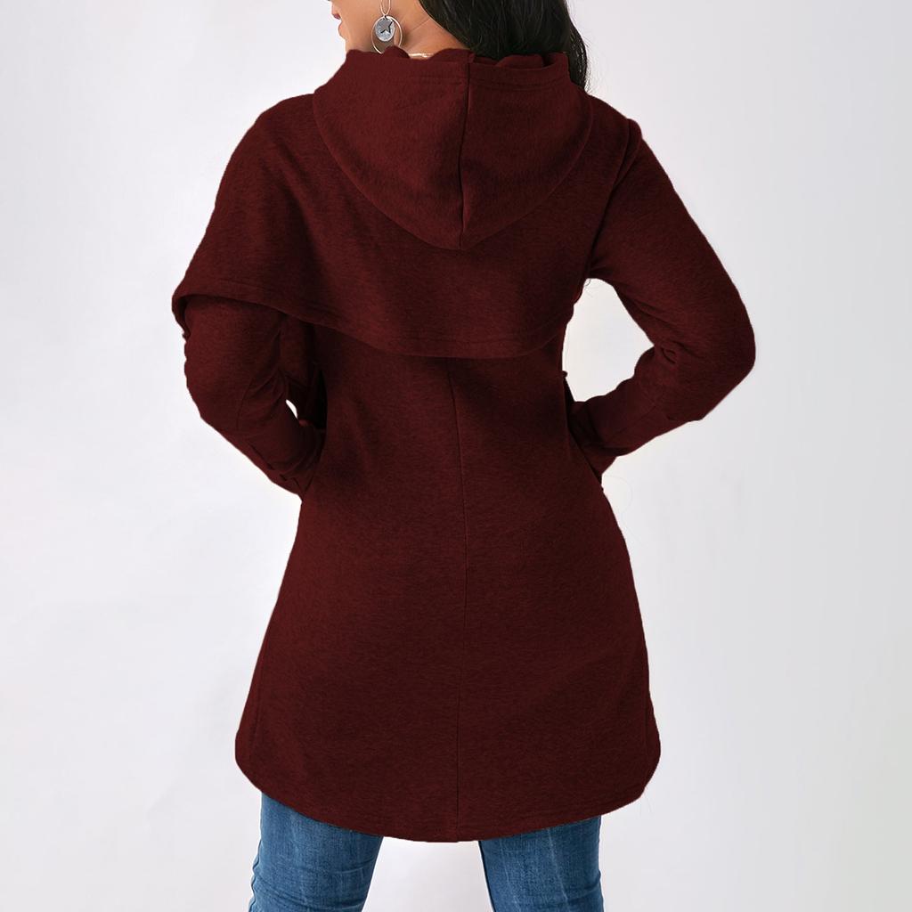 Ladies Plus Size Top Solid Color Irregular Hooded Long Sleeve Fleece Sweater