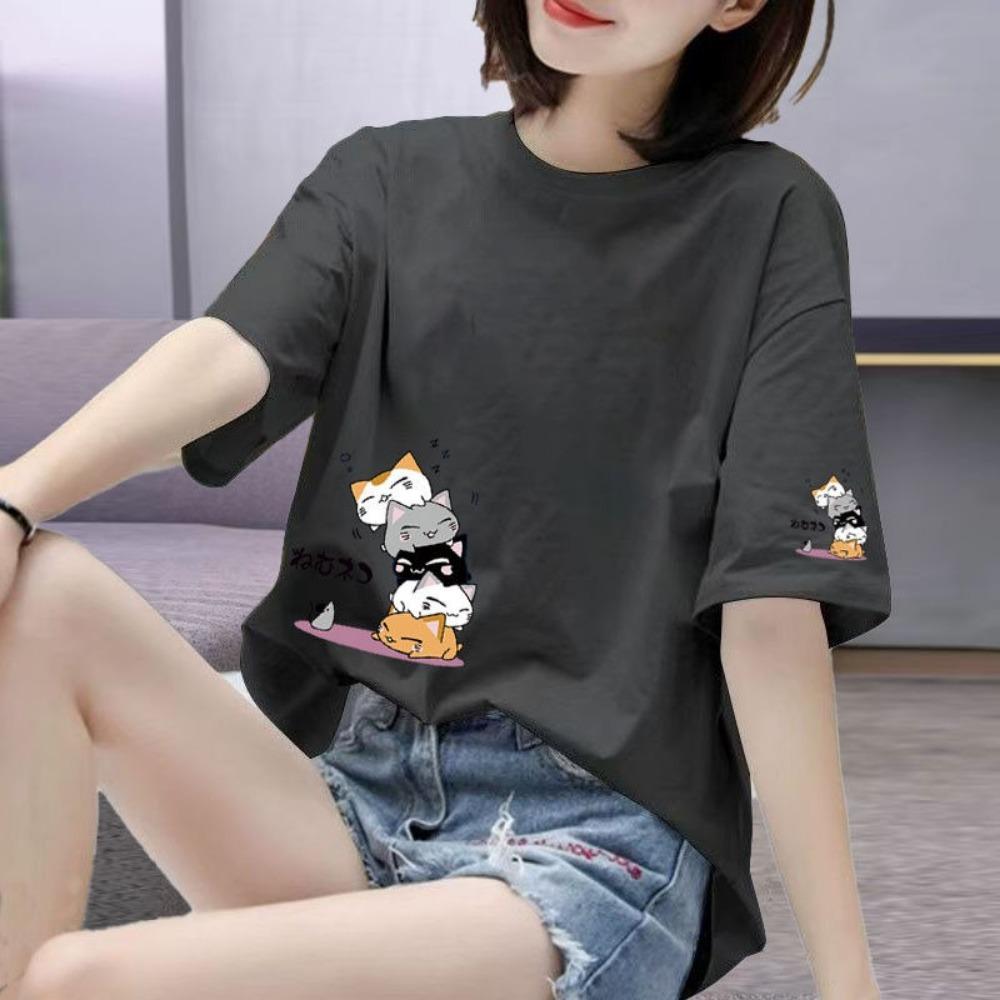 

Casual Fashion Loose Simplicity Elegant Trend Printing O-neck Top Tee Short Sleeve Fashion LadiesTemperament Summer Pullover M