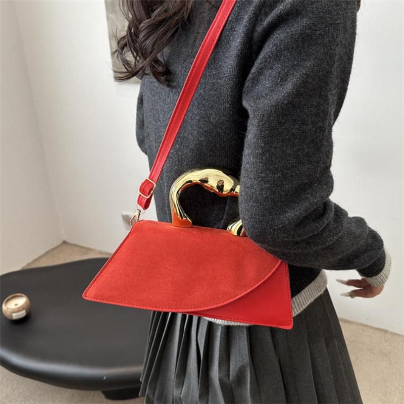 Luxury Velvet & Leather Handbag with Gold Sculptural Handle Chic Mini Crossbody Purse for Women Daily Gathering Formal Occasions