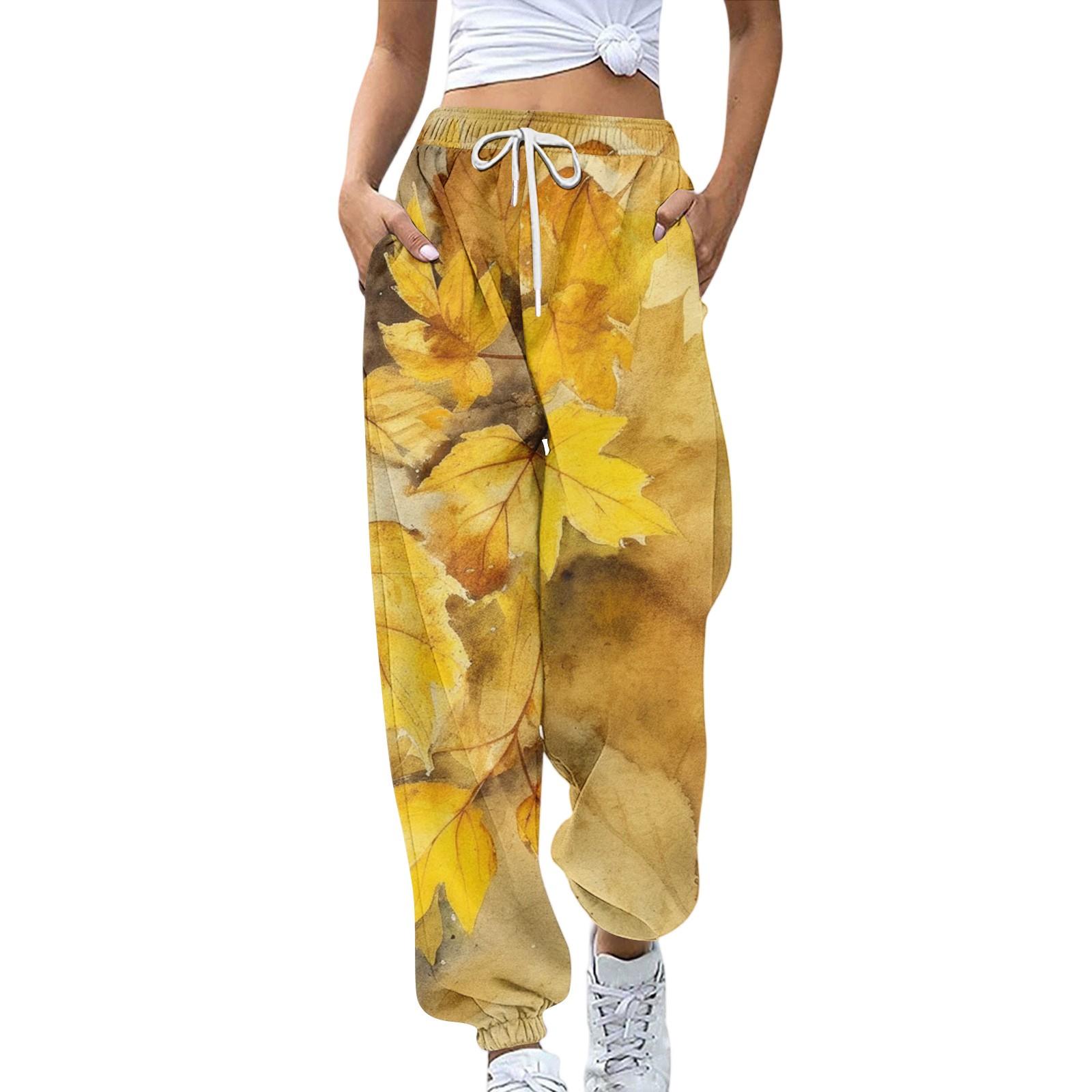 

Женские спортивные брюки с карманами, модные брюки с цветочным принтом, эластичной талией, повседневные спортивные штаны XL жёлтый
